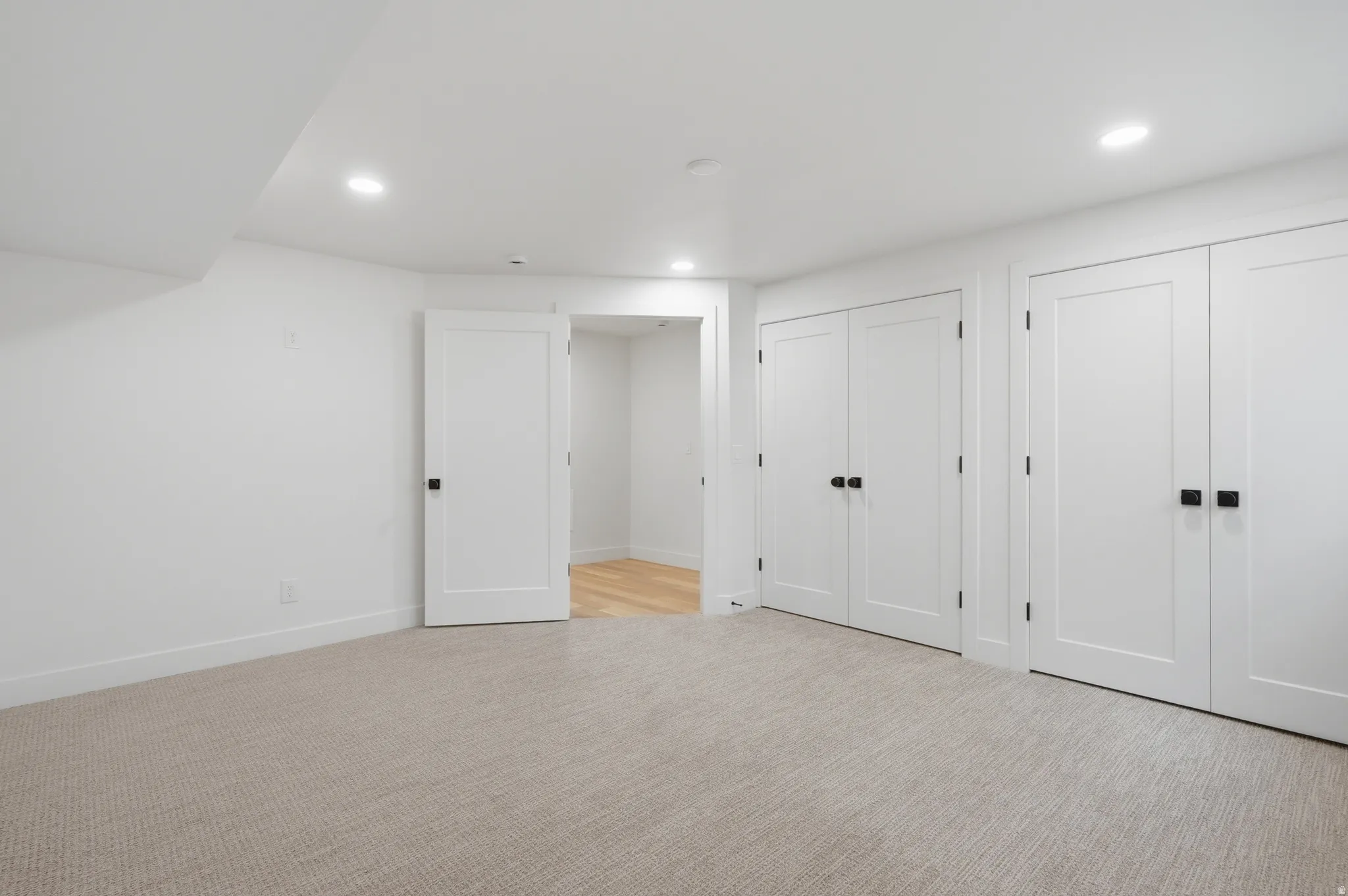 Recessed lighting, light-toned carpeting, white walls, multiple built-in storage closets, and an entryway with wood-finish flooring