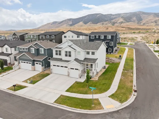 Contemporary two-story exterior with an attached two-car garage, concrete driveway, and established front yard landscaping