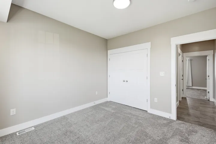 Plush carpeting, neutral wall tones, white trim, and a flush-mount ceiling light