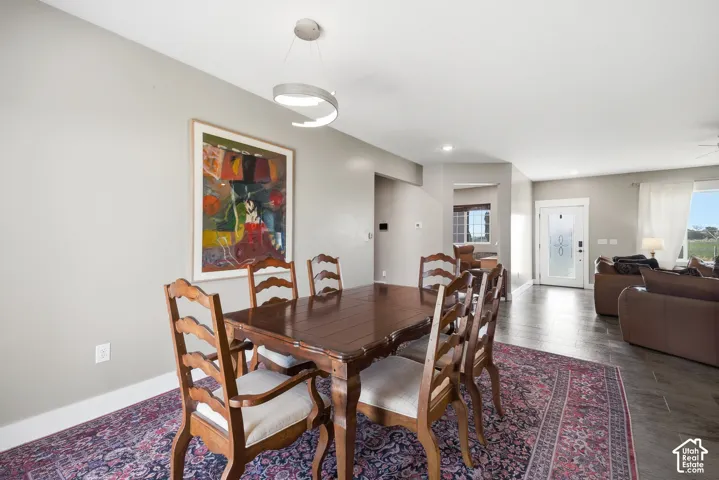 Dining area featuring a contemporary ceiling fixture, light-toned wall paint, and a white framed doorway with a decorative glass insert
