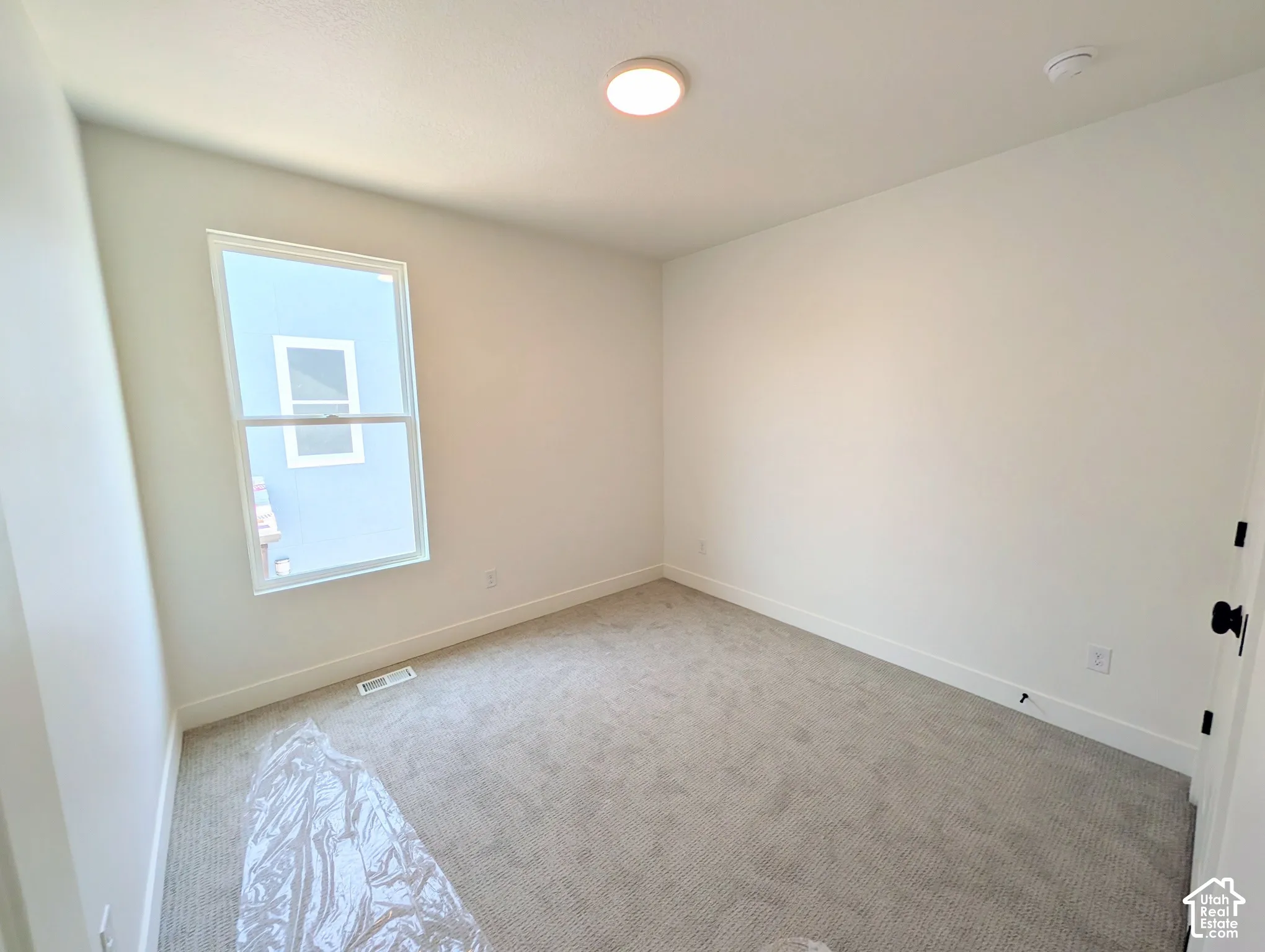 Neutral white walls, light gray carpet, and a white ceiling with a flush-mount light fixture