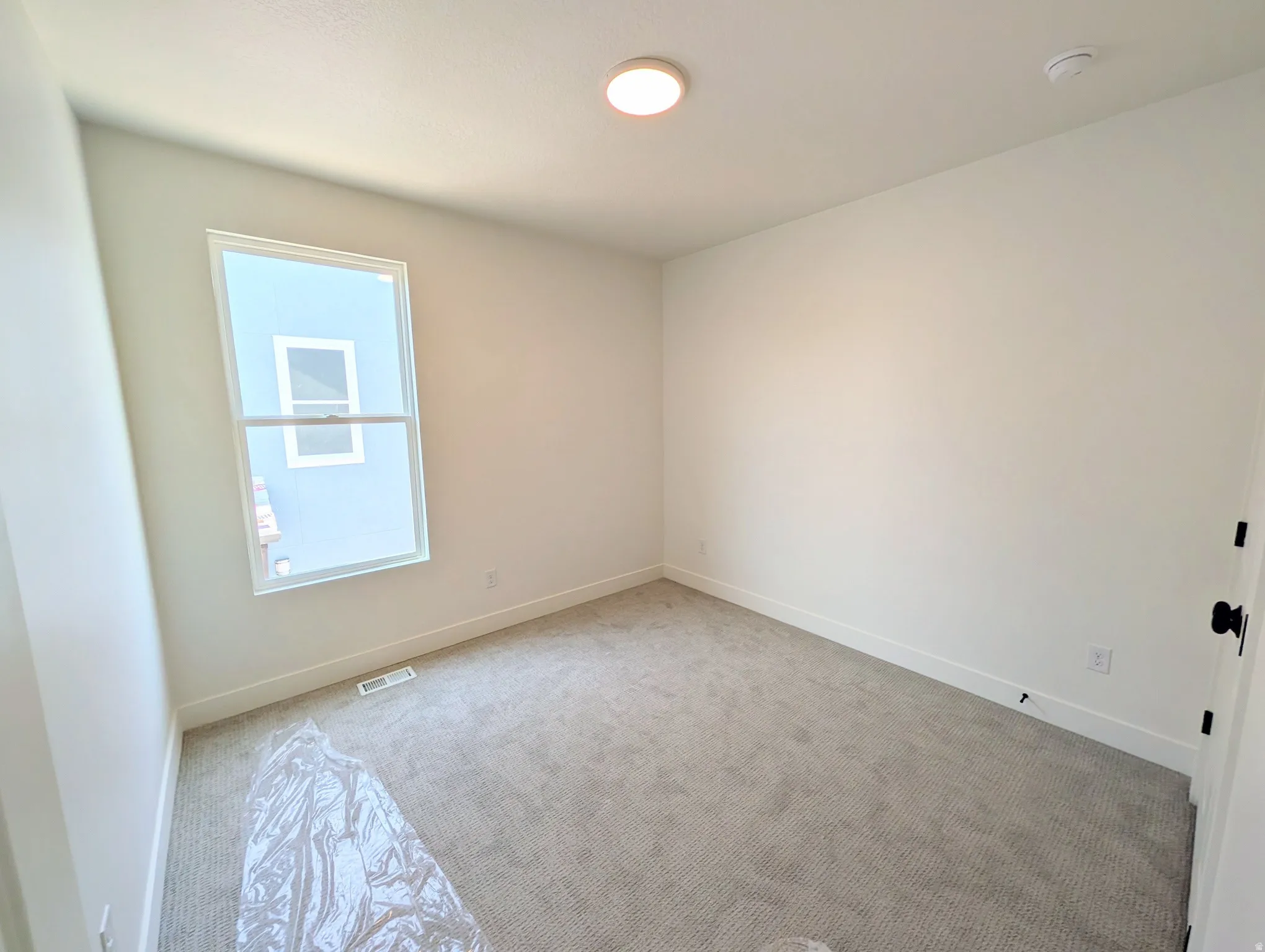 Neutral white walls, light gray carpet, and a white ceiling with a flush-mount light fixture