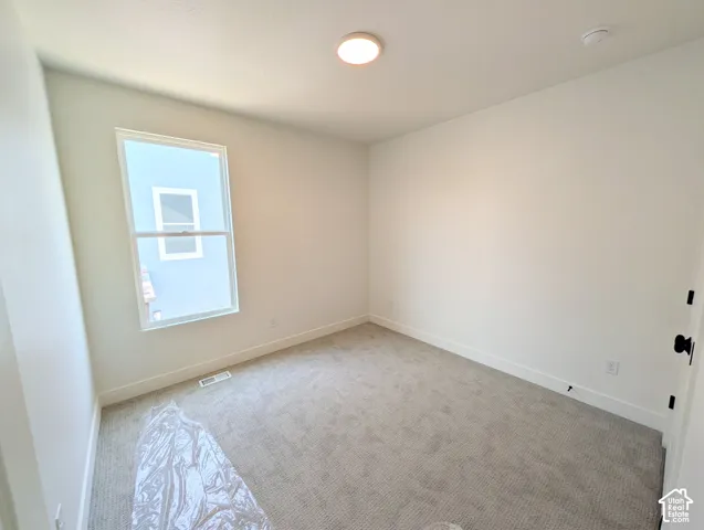 Neutral white walls, light gray carpet, and a white ceiling with a flush-mount light fixture