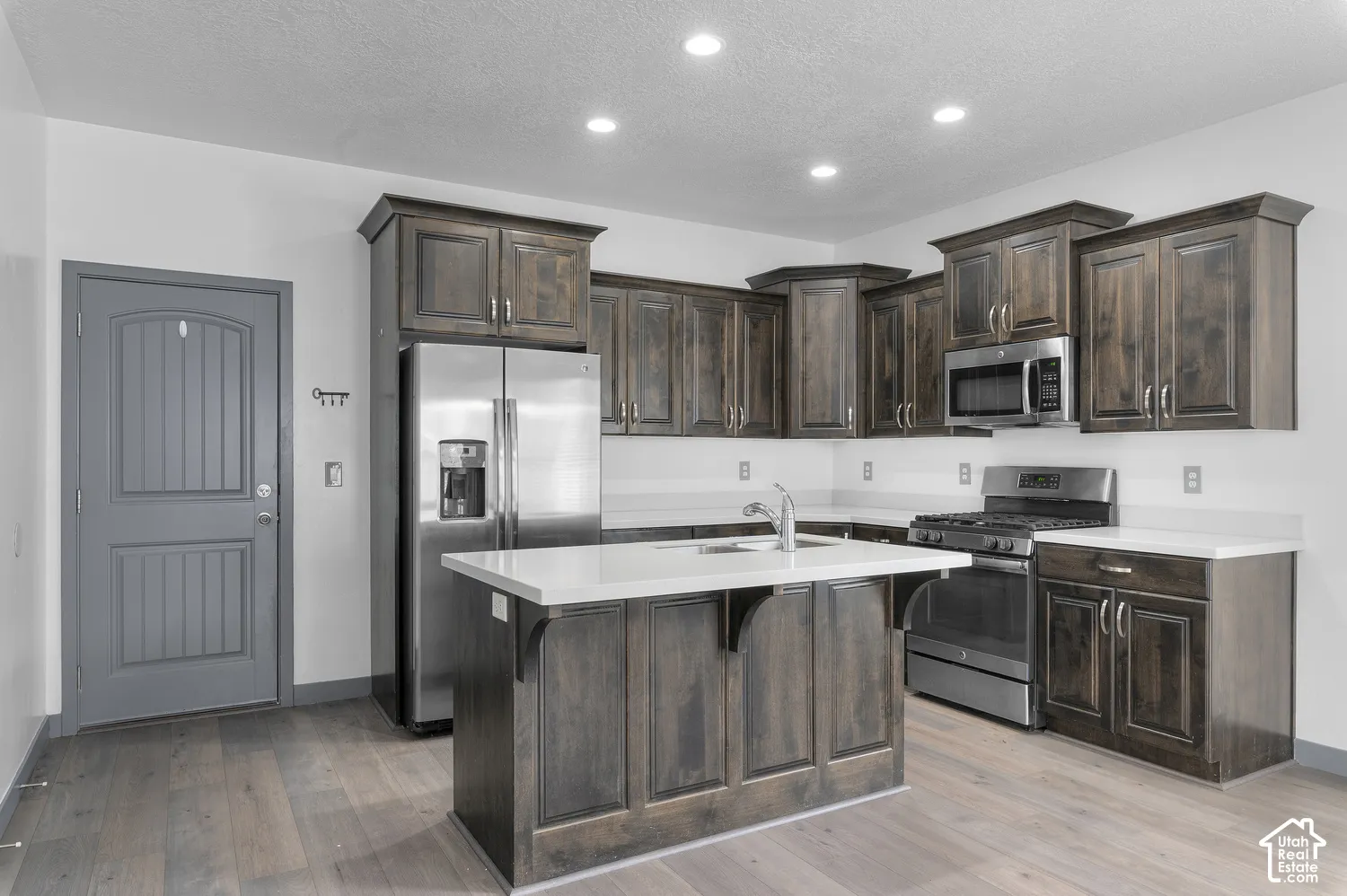 Kitchen featuring wood-finish flooring, dark wood cabinetry, a central island with a sink, stainless steel appliances, and recessed lighting