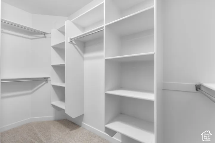 Walk-in closet featuring built-in shelving, multiple hanging rods, and carpet flooring