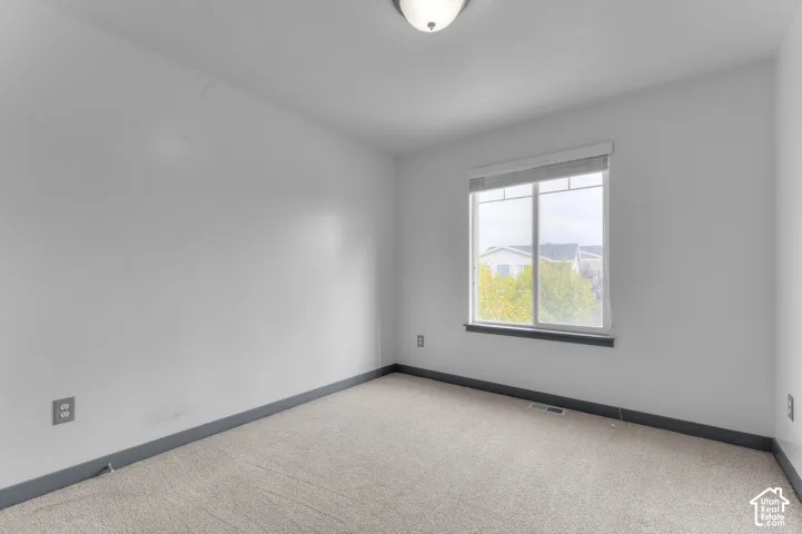 Neutral wall color, carpet flooring, window with a roller shade, flush mount ceiling light