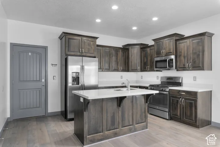 Kitchen featuring wood-finish flooring, dark wood cabinetry, a central island with a sink, stainless steel appliances, and recessed lighting