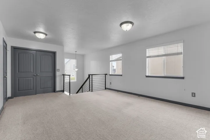 Expansive carpeted area featuring multiple windows, modern horizontal railing, and double panel doors