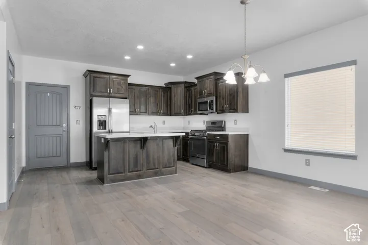 Kitchen featuring wood-finish flooring, dark wood cabinetry, stainless steel appliances, and an island with a white countertop