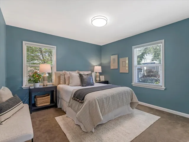Carpeted bedroom with two windows, a ceiling-mounted light fixture, and painted walls