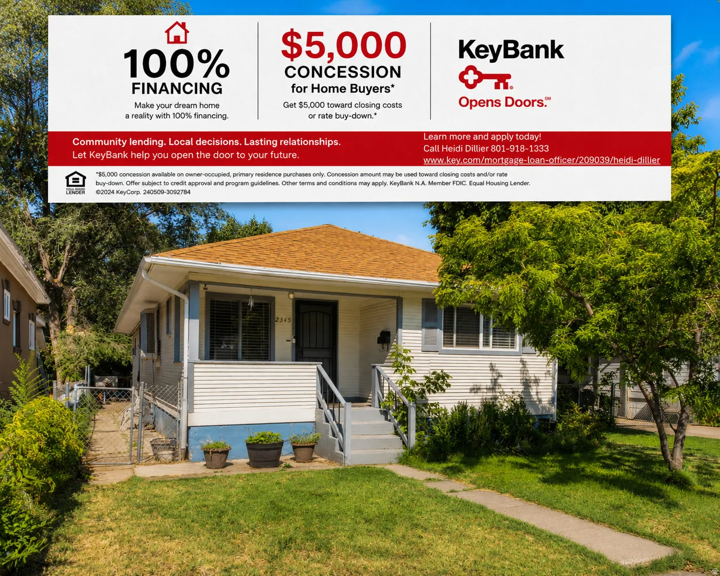 Real Estate Advertisement. Displaying a single-family residential structure with associated financing offers