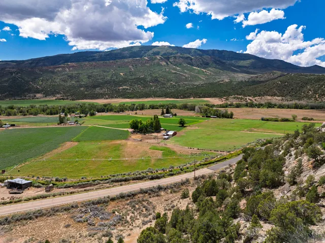 Expansive agricultural fields with distant mountain backdrop