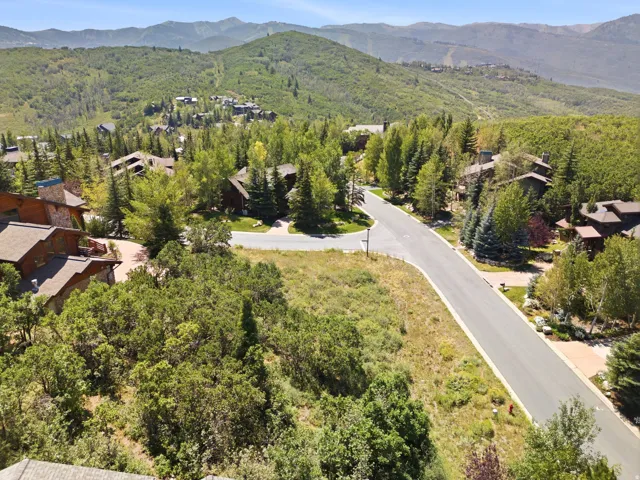 Mountainous topography with extensive tree coverage and residential structures