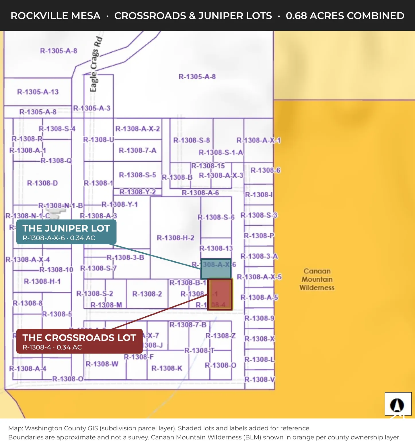 Map: Both lots, one parcel row from the Canaan Mountain Wilderness (county GIS; approximate)