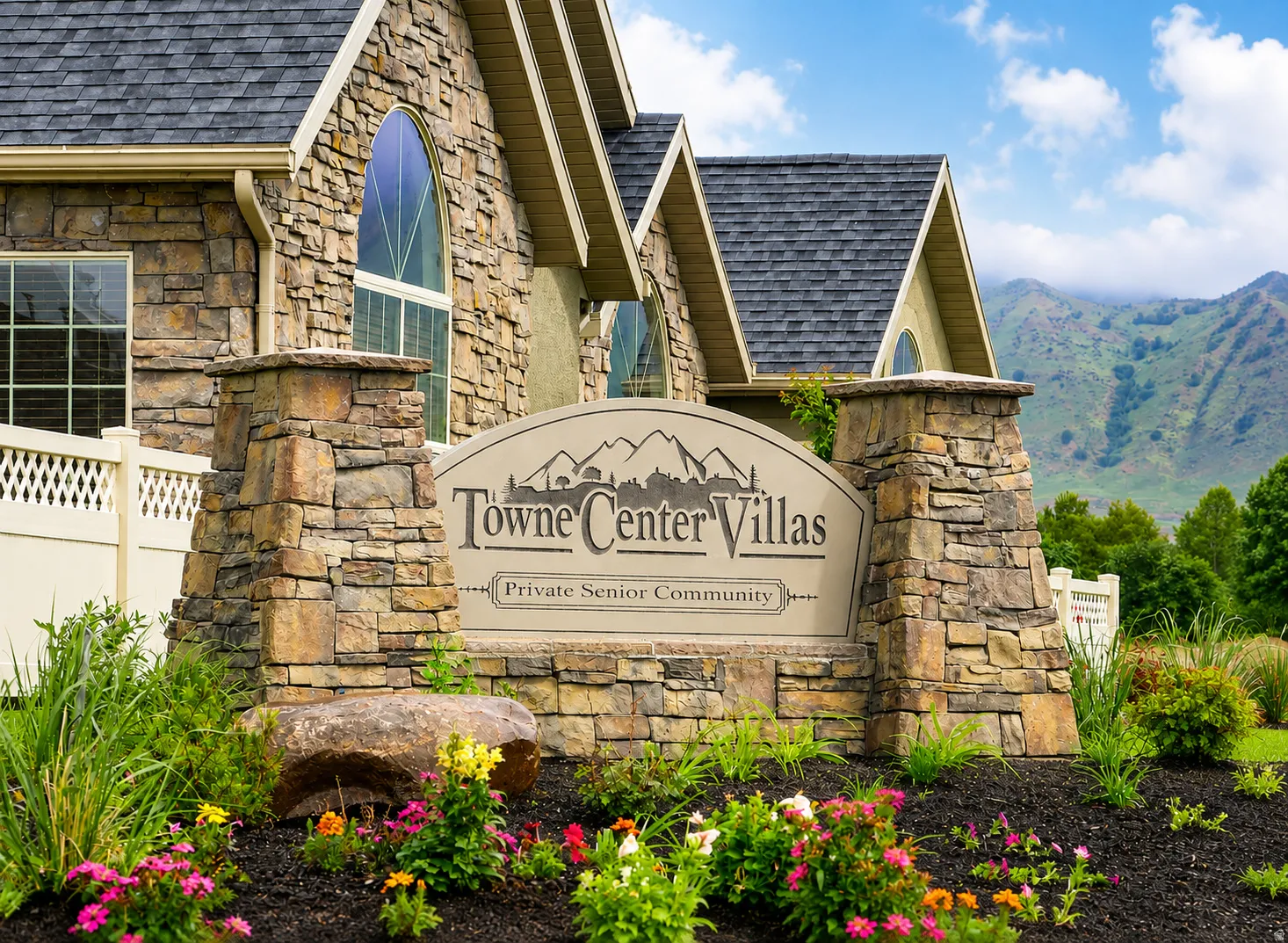 Stone-clad entry columns with an arch-top sign, set within a landscaped garden featuring colorful perennial plantings