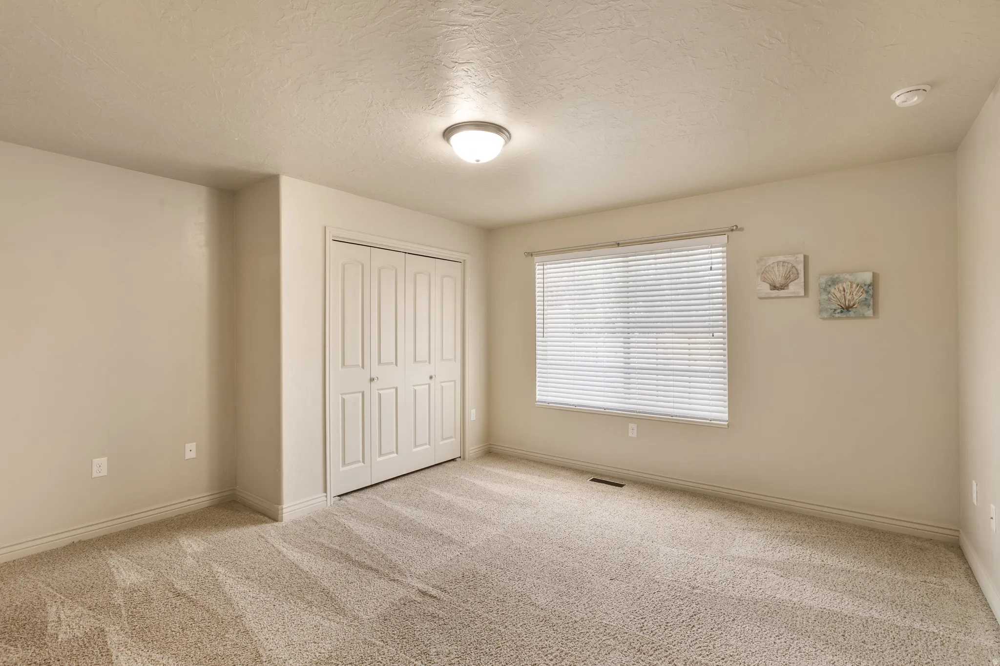 Neutral tone wall paint, textured ceiling, flush mount ceiling light fixture, bi-fold closet doors, and window with blinds