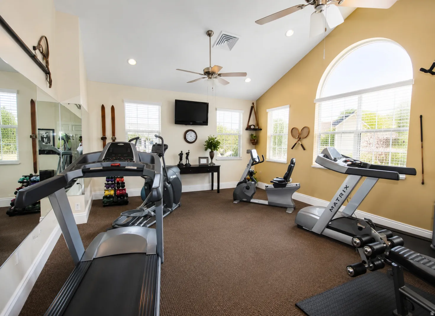 Vaulted ceiling with recessed lighting and ceiling fans, arched window, multiple rectangular windows with blinds, mirrored wall, carpeted flooring