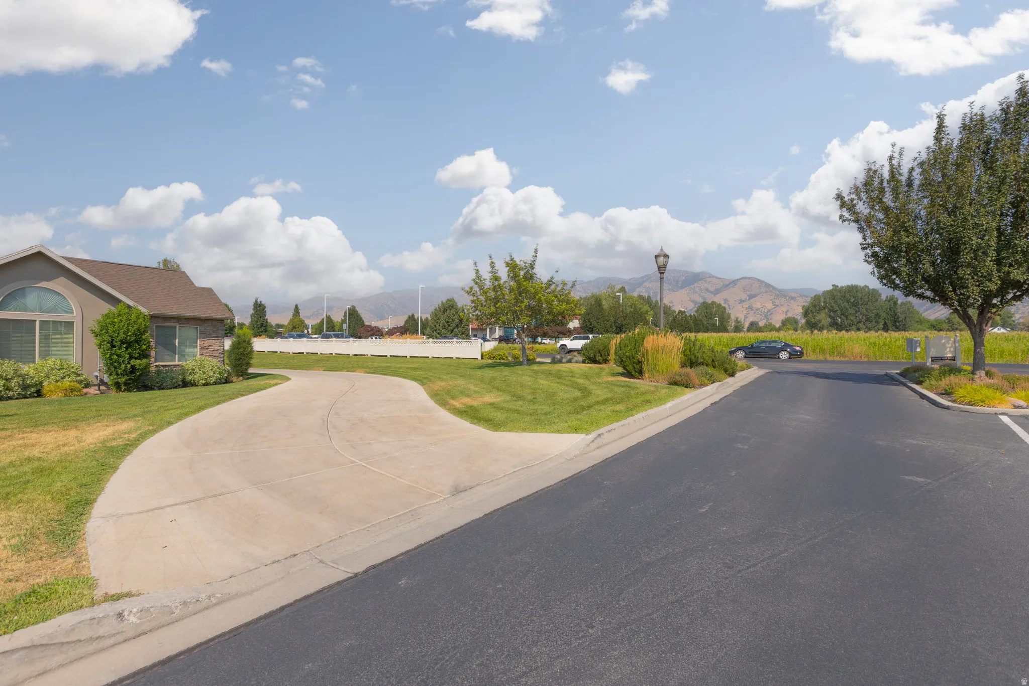 Property exterior with a concrete driveway, manicured lawn, and mature trees