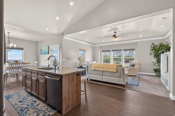 Kitchen island with dark wood cabinetry and granite countertop, stainless steel dishwasher, wood-finish flooring, and recessed lighting