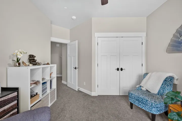 Light-colored walls with white trim, gray carpeting, and white paneled doors with matte black hardware