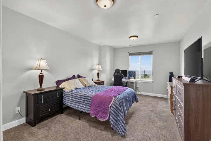 Carpeted flooring, neutral wall tones, recessed window, and flush mount lighting fixtures
