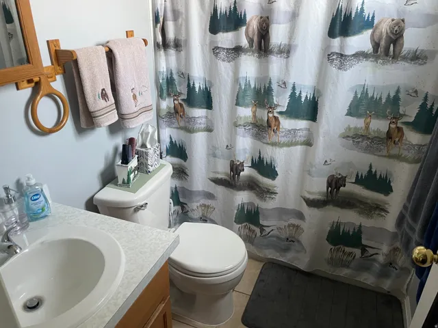 Bathroom featuring a white toilet, integrated sink, and wood-finish vanity