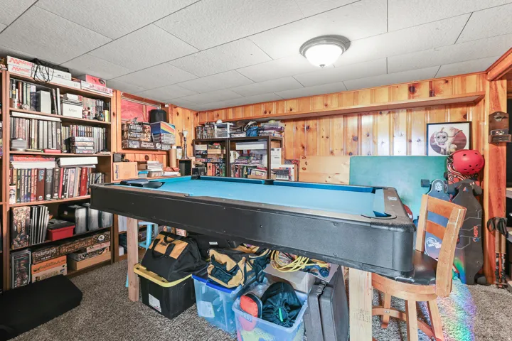Drop ceiling with flush-mount lighting, wood-paneled walls, built-in shelving, and carpeted flooring