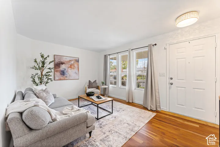 Recessed entry, multiple windows, wood-finish flooring, white walls, and a ceiling-mounted light fixture