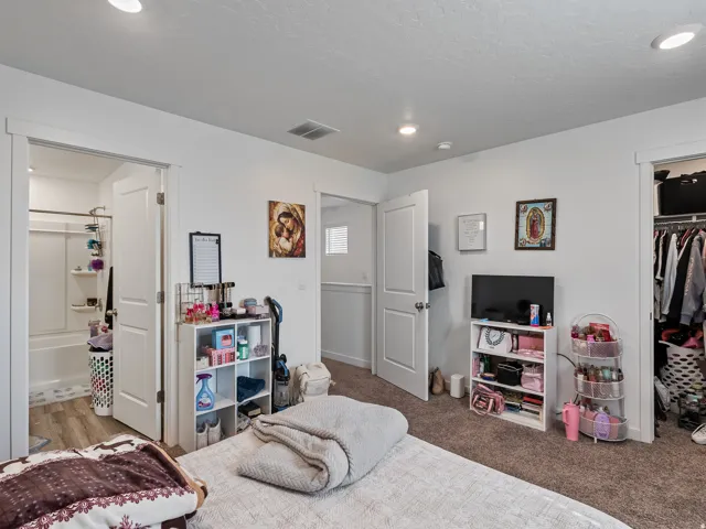 Recessed ceiling lighting, white interior doors, and a built-in closet with shelving