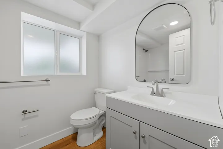 White vanity with a single basin sink, brushed nickel faucet, and an arched mirror