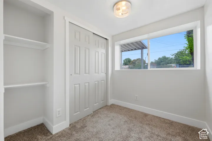 Recessed shelving, bi-fold closet doors, wall-to-wall carpeting, and a flush-mount ceiling light fixture