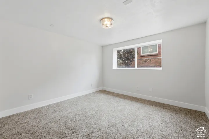 Wall-to-wall carpeting, neutral wall color, single window, and a flush-mount ceiling light fixture