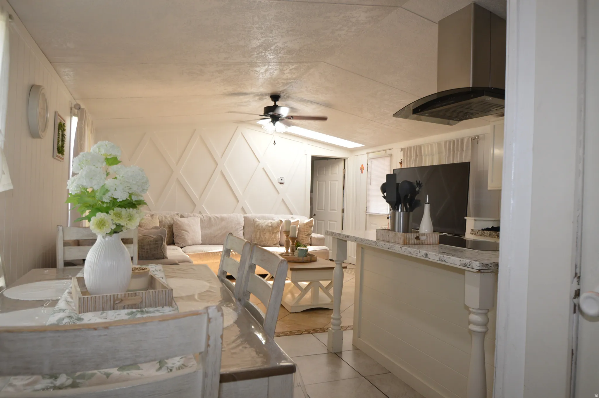 Kitchen island with light-toned countertop
