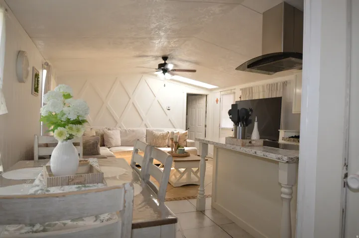 Kitchen island with light-toned countertop
