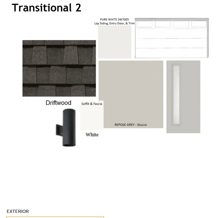 Exterior Design Document. Presenting the material and color specifications for the property's exterior, including roofing, siding, stucco, and trim elements