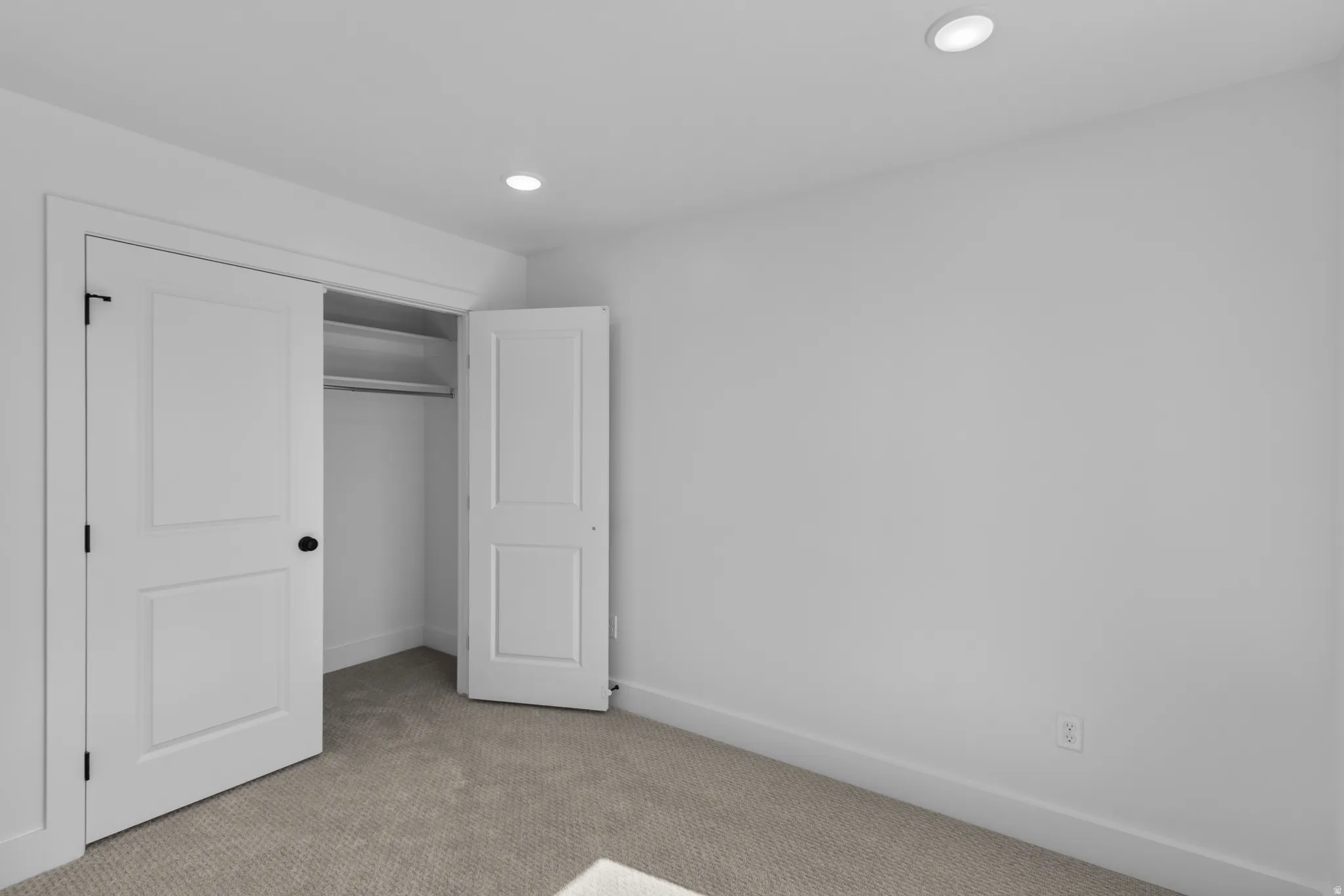 Recessed ceiling lighting, paneled doors with matte black hardware, built-in closet shelving, and carpeting