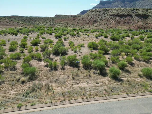 Expansive desert landscape with natural vegetation, featuring a paved road with a concrete curb and distant mountain formations