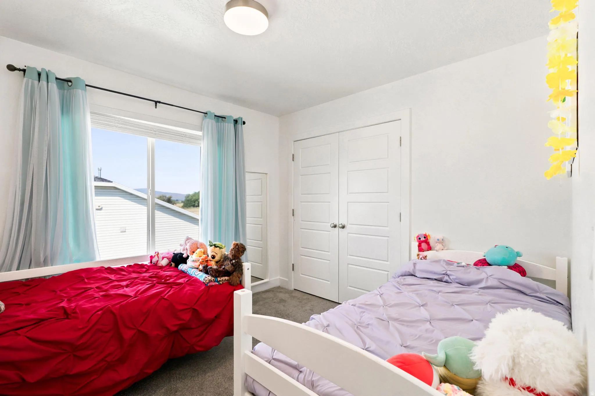 Bright room featuring a large window, neutral carpeting, and a flush-mount ceiling light