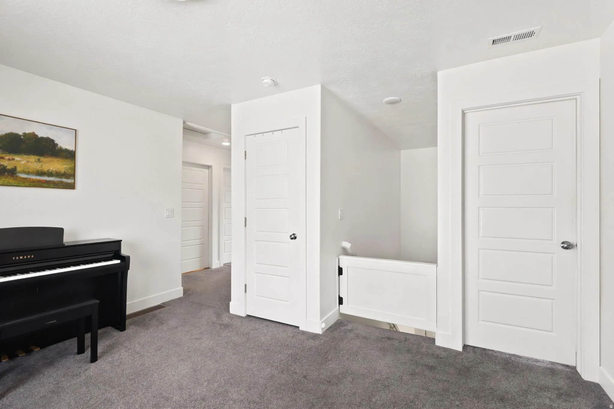 Recessed lighting, white five-panel interior doors, and gray carpeting