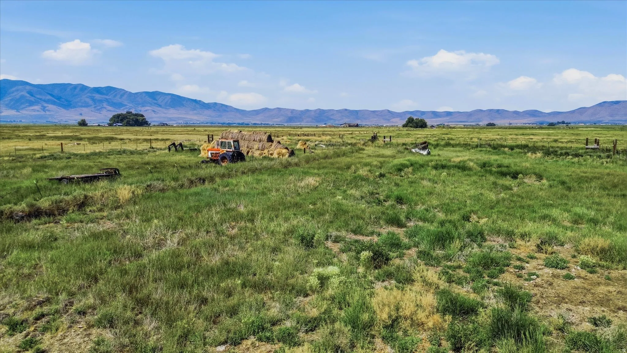 Expansive open field with green vegetation and distant mountain ranges