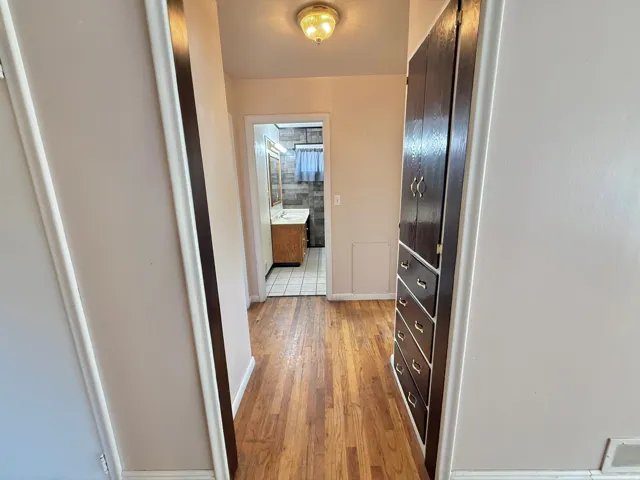 Hardwood flooring extending through the hallway, built-in storage cabinetry, and a ceiling-mounted light fixture