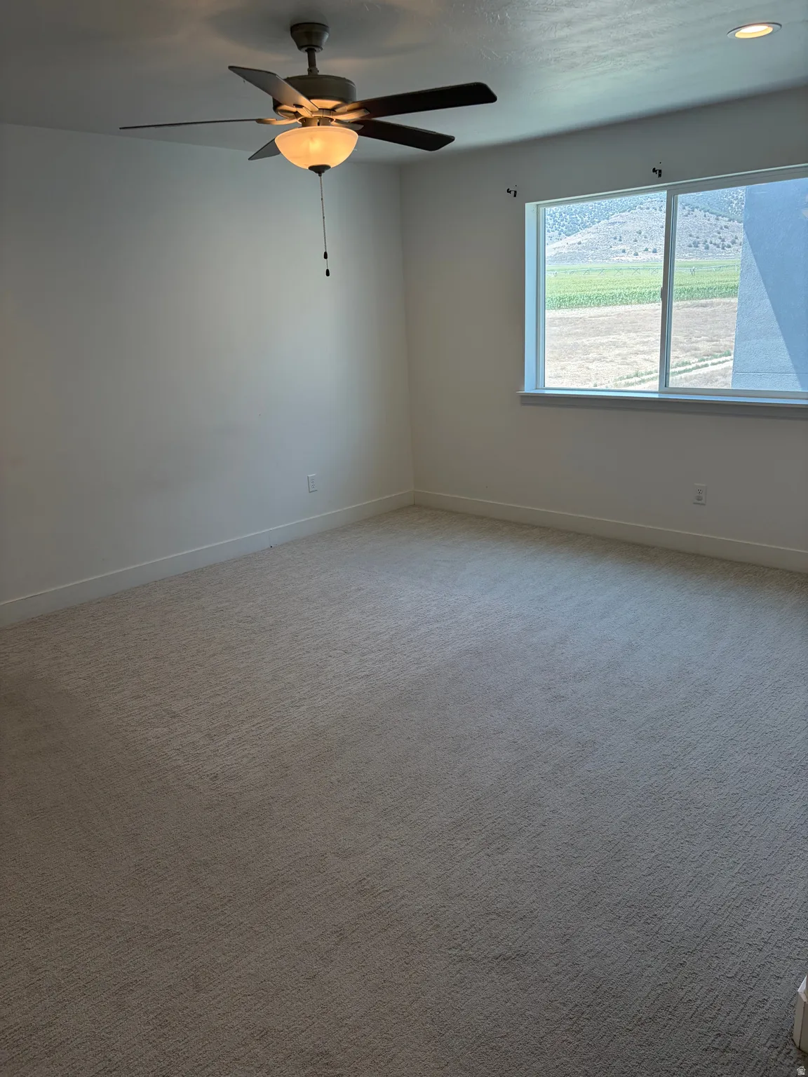Wall-to-wall carpeting, ceiling fan with integrated lighting, and a large window with a white frame