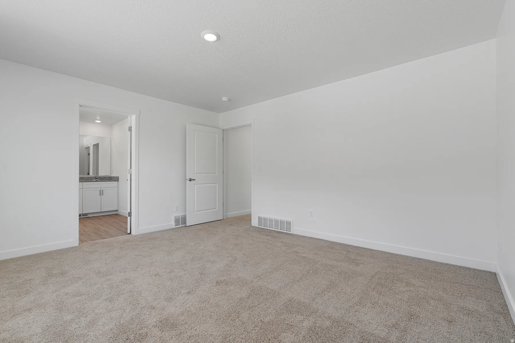 Neutral-toned carpeting, recessed ceiling lighting, and a two-panel interior door