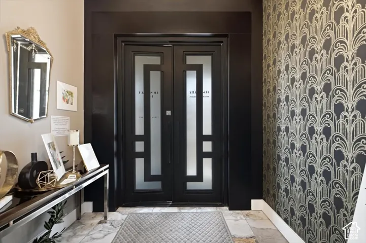 Double entry doors with frosted glass panels, black trim, and polished hardware