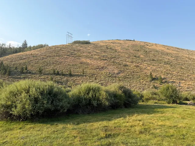 Scenic acreage featuring expansive meadowland with native grasses and shrub vegetation, backed by gently sloping hillside terrain with evergreen tree coverage and utility infrastructure visible at the ridge line