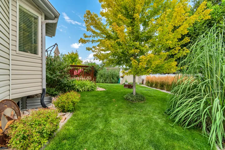 Expansive green lawn with mature trees, shrubbery, and a wood deck