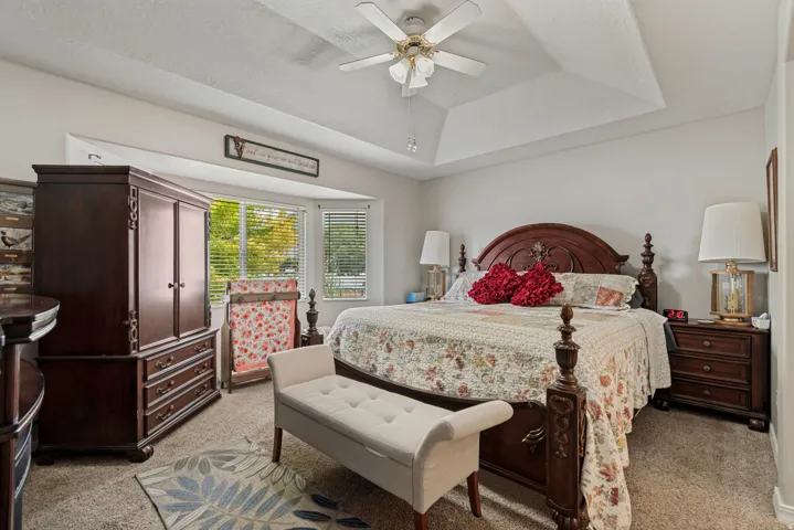 Tray ceiling with a ceiling fan, carpeted flooring, and bay windows