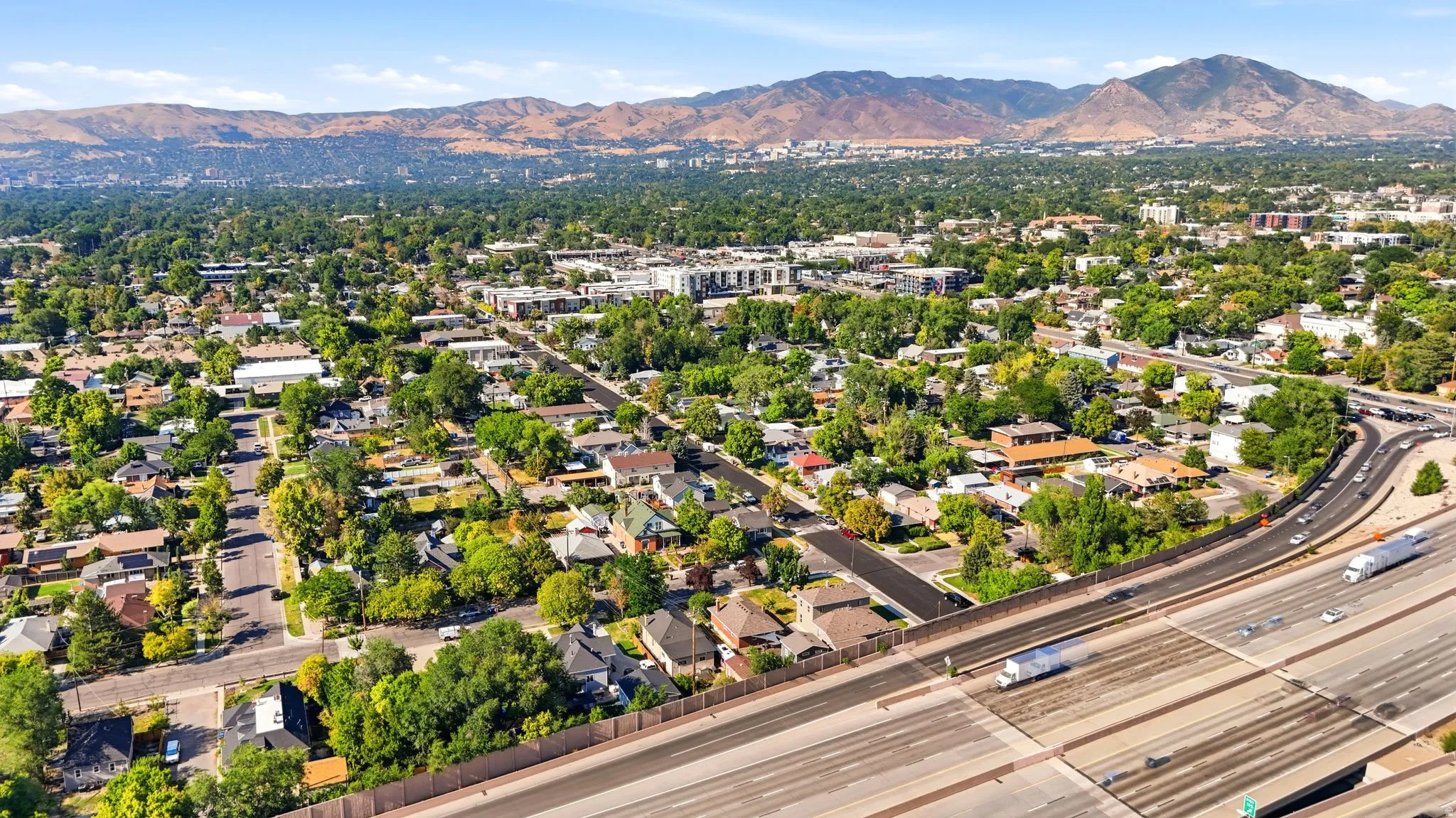 Expansive urban landscape with extensive tree canopy, multi-lane highway, and distant mountain range