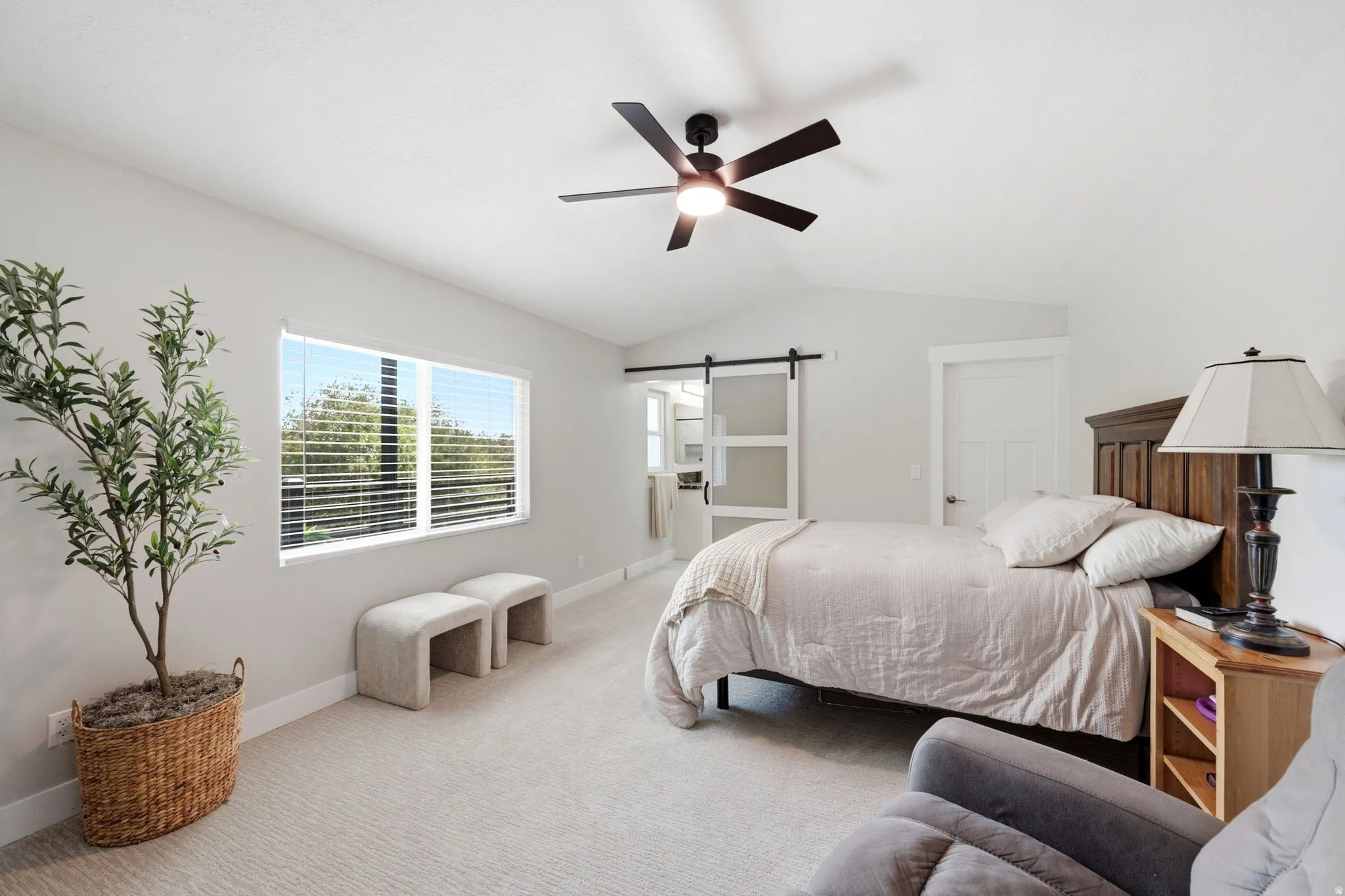 Vaulted ceiling, ceiling fan, carpet flooring, windows with horizontal blinds, and a barn door entry