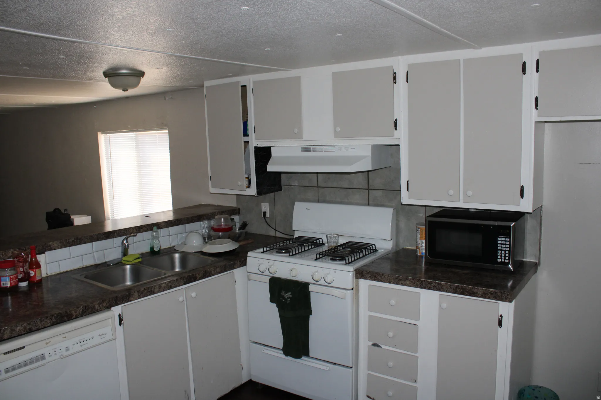 Kitchen featuring light-toned cabinetry, a double basin sink, tile backsplash, and built-in dishwasher